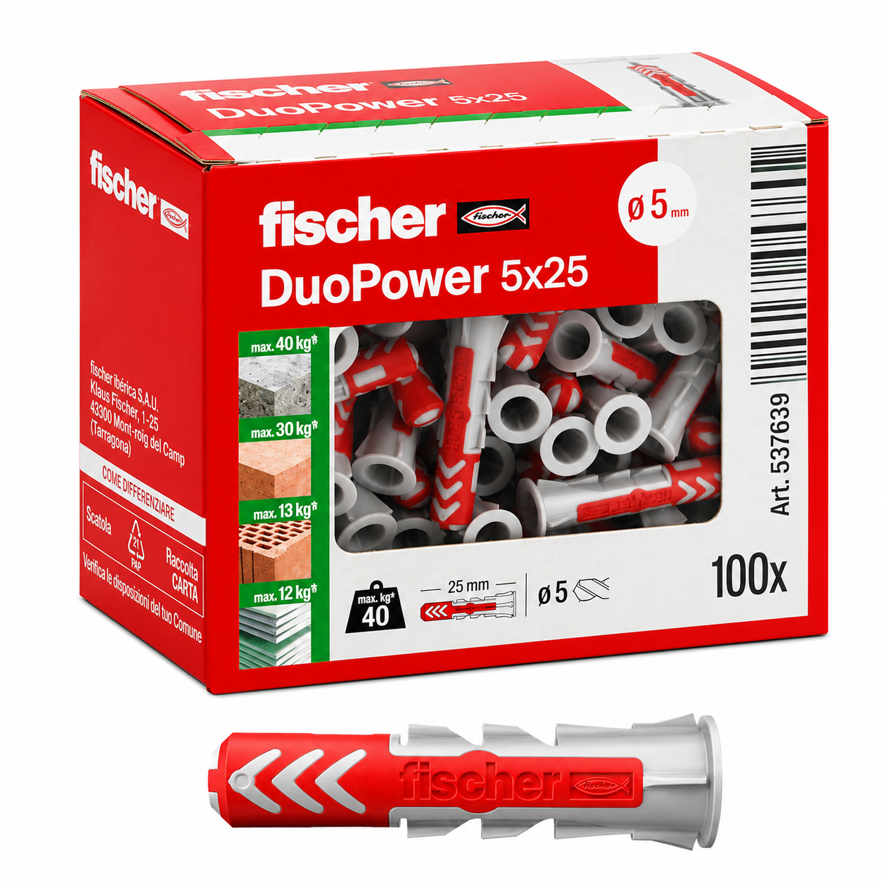 Boîte de 100 Chevilles Fischer DUOPOWER (5 × 25 mm)